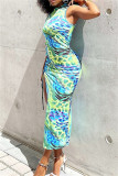 Blue Fashion Sexy Print Bandage Hollowed Out Slit O Neck Sleeveless Dress