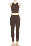 Coffee Sexy Casual Solid Hollowed Out Patchwork O Neck Sleeveless Two Pieces