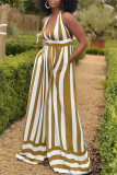 Yellow Sexy Casual Striped Print Bandage Backless Halter Regular Jumpsuits