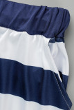 White Blue Fashion Casual Print Basic Oblique Collar Plus Size Two Pieces