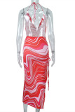 Red Fashion Sexy Print Bandage Backless Slit Spaghetti Strap Sleeveless Dress