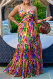 Colour Fashion Sexy Print Hollowed Out Backless Spaghetti Strap Long Dress
