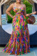 Colour Fashion Sexy Print Hollowed Out Backless Spaghetti Strap Long Dress