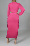 Rose Red Sexy Solid Tassel V Neck Long Sleeve Two Pieces