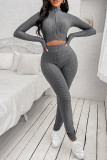 Grey Casual Sportswear Solid Basic Zipper Collar Long Sleeve Two Pieces