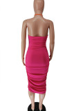 Tangerine Sexy Solid Bandage Hollowed Out Patchwork Fold Halter Pencil Skirt Dresses