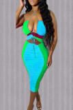 Sky Blue Sexy Solid Bandage Hollowed Out Patchwork Fold Halter Pencil Skirt Dresses