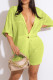 Green Yellow Sexy Solid Hollowed Out Patchwork Buckle Turndown Collar Half Sleeve Two Pieces