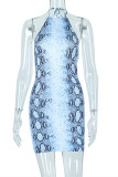 Snake Print Fashion Sexy Print Bandage Backless Halter Sleeveless Dress