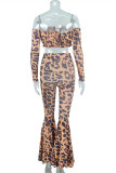 Leopard Print Fashion Sexy Print Leopard Patchwork Backless Off the Shoulder Long Sleeve Two Pieces