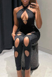 Black Fashion Sexy Solid Hollowed Out Backless Halter Skinny Jumpsuits