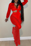 Red Fashion Sexy Patchwork Hot Drilling Bandage See-through V Neck Long Sleeve Three-piece Set