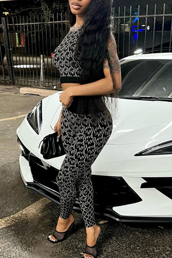 Black Sexy Casual Print Patchwork O Neck Sleeveless Two Pieces