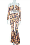 Leopard Print Fashion Sexy Print Leopard Patchwork Backless Off the Shoulder Long Sleeve Two Pieces
