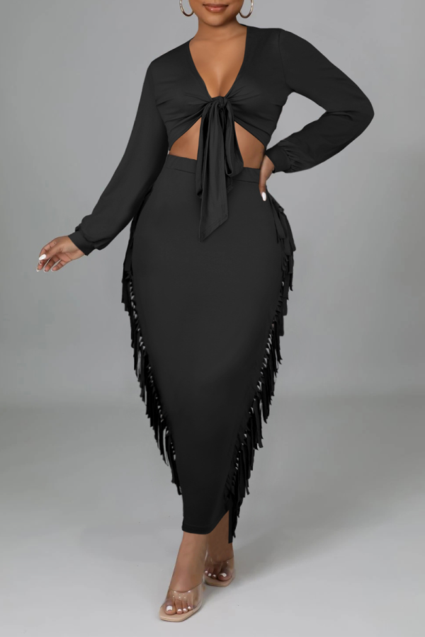 Black Sexy Solid Tassel V Neck Long Sleeve Two Pieces