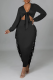 Black Sexy Solid Tassel V Neck Long Sleeve Two Pieces