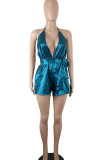 Blue Sexy Print Bandage Patchwork Backless Halter Straight Rompers