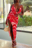 Red Fashion Sexy Print Bandage Backless Slit Spaghetti Strap Sleeveless Dress
