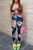 Tibetan Blue Fashion Sexy Print Bandage Backless Spaghetti Strap Sleeveless Two Pieces
