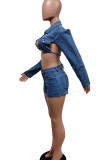 Sky Blue Sexy Solid Hollowed Out Patchwork Buttons Backless Turndown Collar Long Sleeve Two Pieces