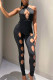 Black Fashion Sexy Solid Hollowed Out Backless Halter Skinny Jumpsuits