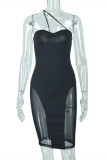 Black Fashion Sexy Solid Patchwork See-through Backless Spaghetti Strap Sleeveless Dress
