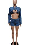 Sky Blue Sexy Solid Hollowed Out Patchwork Buttons Backless Turndown Collar Long Sleeve Two Pieces