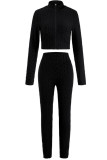 Coffee Casual Sportswear Solid Basic Zipper Collar Long Sleeve Two Pieces