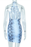 Snake Print Fashion Sexy Print Bandage Backless Halter Sleeveless Dress