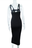 Black Fashion Sexy Solid Hollowed Out Backless Spaghetti Strap Sleeveless Dress