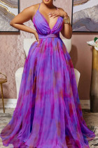 Purple Sexy Print Patchwork Fold Halter A Line Dresses