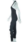 Black Fashion Sexy Solid Hollowed Out Backless Halter Skinny Jumpsuits