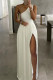 White Sexy Casual Solid Backless Slit Oblique Collar Sleeveless Dress Dresses