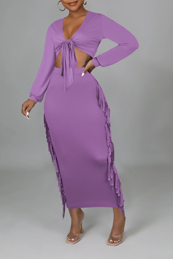Purple Sexy Solid Tassel V Neck Long Sleeve Two Pieces