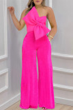 Rose Red Sexy Casual Solid Patchwork Backless With Bow Strapless Sleeveless Two Pieces