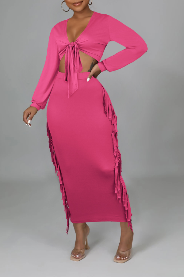 Rose Red Sexy Solid Tassel V Neck Long Sleeve Two Pieces