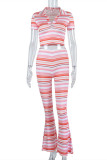Pink Fashion Casual Striped Print Patchwork V Neck Short Sleeve Two Pieces