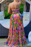 Colour Fashion Sexy Print Hollowed Out Backless Spaghetti Strap Long Dress