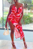 Red Fashion Sexy Print Bandage Backless Slit Spaghetti Strap Sleeveless Dress