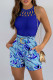 Blue Fashion Casual Print Hollowed Out Patchwork With Belt O Neck Sleeveless Two Pieces