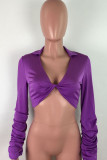 purple V Neck Long Sleeve Solid Tops