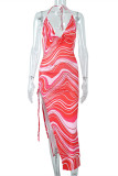 Red Fashion Sexy Print Bandage Backless Slit Spaghetti Strap Sleeveless Dress
