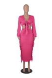 Rose Red Sexy Solid Tassel V Neck Long Sleeve Two Pieces