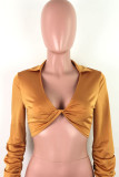 Yellow V Neck Long Sleeve Solid Tops