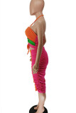 Tangerine Sexy Solid Bandage Hollowed Out Patchwork Fold Halter Pencil Skirt Dresses