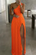 Orange Sexy Casual Solid Backless Slit Oblique Collar Sleeveless Dress Dresses