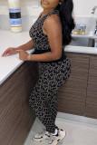 Black Sexy Casual Print Patchwork O Neck Sleeveless Two Pieces