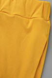 Yellow Casual Solid Bandage Patchwork V Neck Plus Size Two Pieces