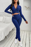 Blue Casual Sportswear Solid Basic Zipper Collar Long Sleeve Two Pieces