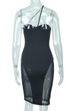 Black Fashion Sexy Solid Patchwork See-through Backless Spaghetti Strap Sleeveless Dress